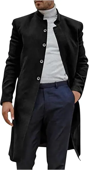 Zeiyignr Men's Trench Coat Mandarin Collar Long Formal Jacket Solid Slim Fit Single Breasted Pea Coats Wool Blend Overcoat