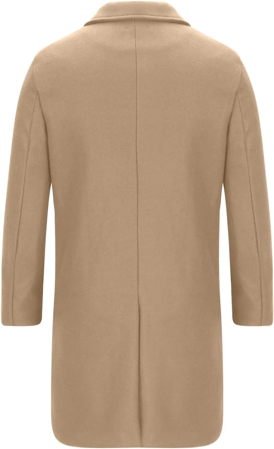 Zeiyignr Mens Trench Coat Notched Lapel Collar Double Breasted Wool Blend Pea Coat Casual Slim Fit Mid Long Overcoat Jacket