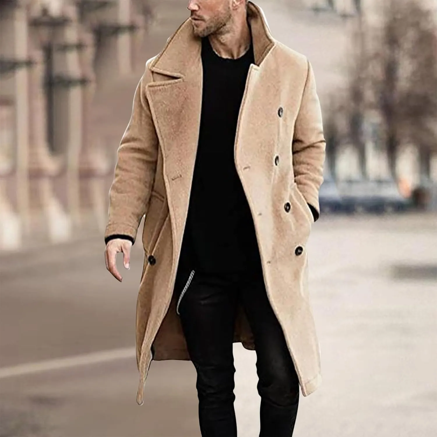 Zeiyignr Mens Trench Coat Notched Lapel Collar Double Breasted Wool Blend Pea Coat Casual Slim Fit Mid Long Overcoat Jacket