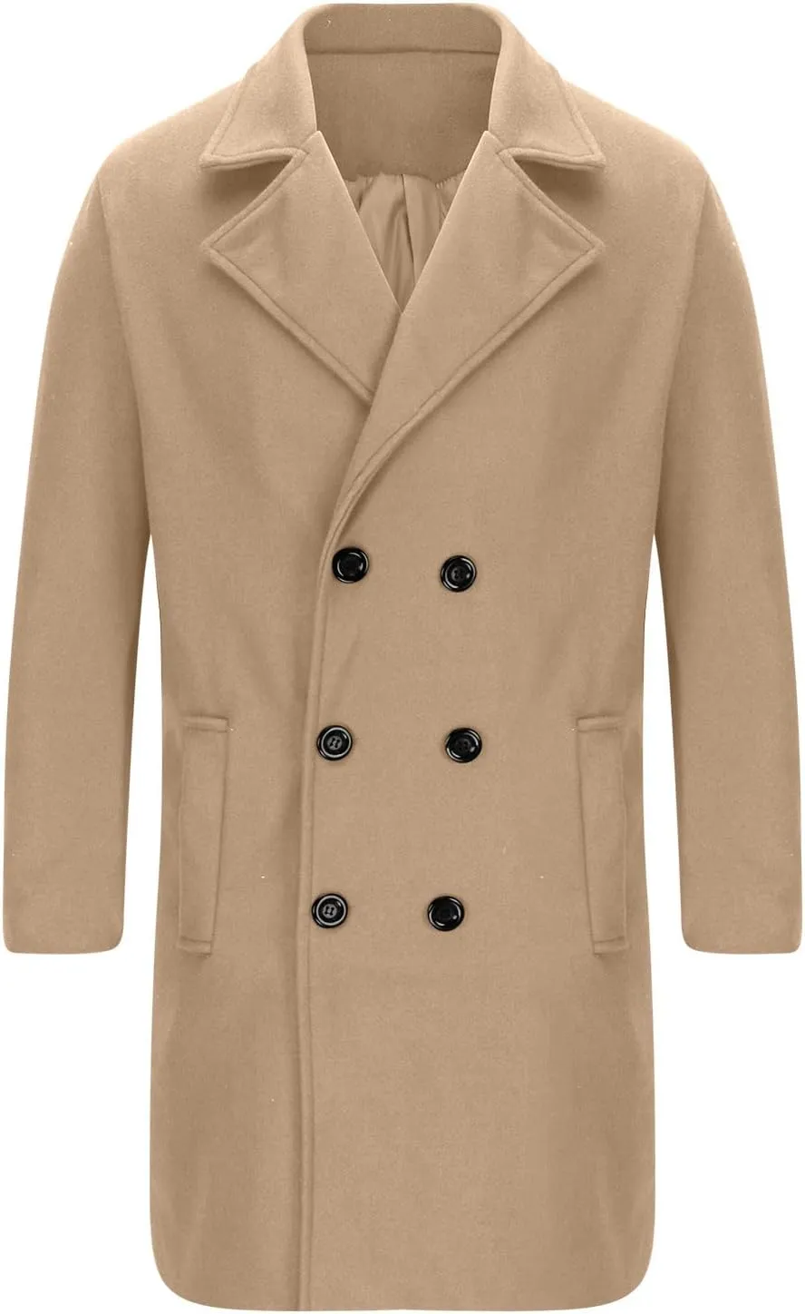 Zeiyignr Mens Trench Coat Notched Lapel Collar Double Breasted Wool Blend Pea Coat Casual Slim Fit Mid Long Overcoat Jacket