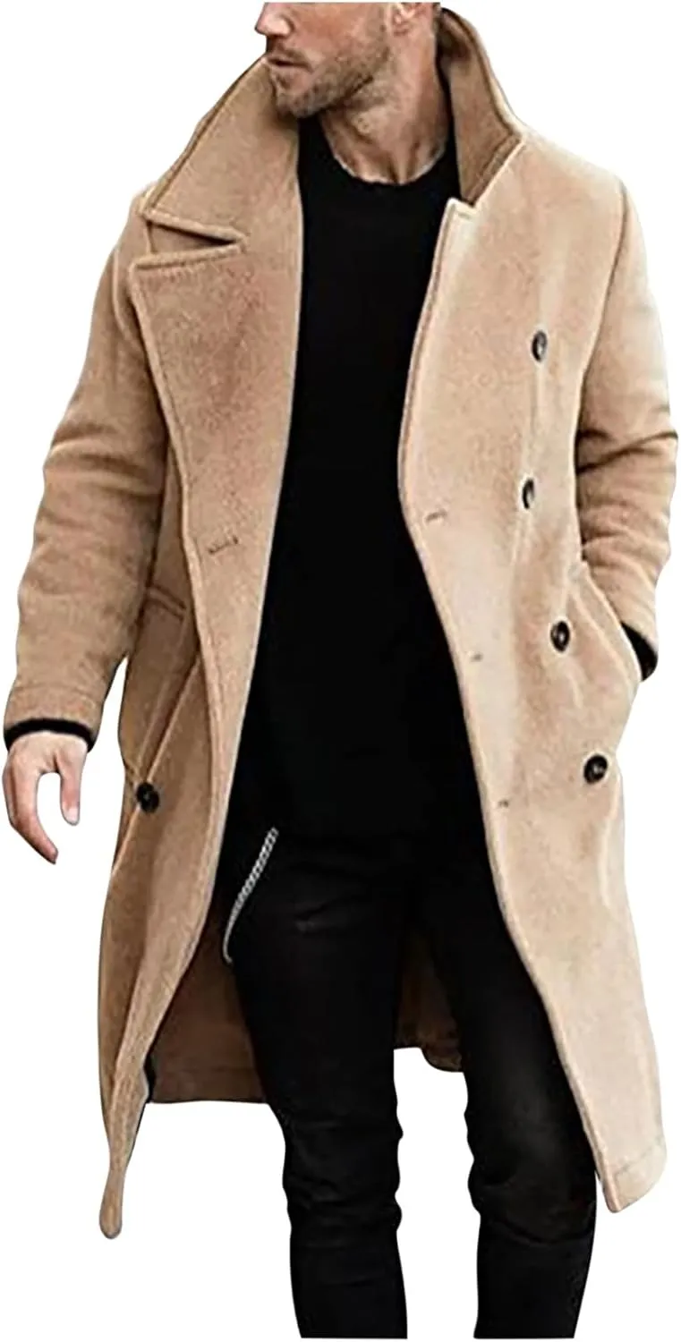 Zeiyignr Mens Trench Coat Notched Lapel Collar Double Breasted Wool Blend Pea Coat Casual Slim Fit Mid Long Overcoat Jacket