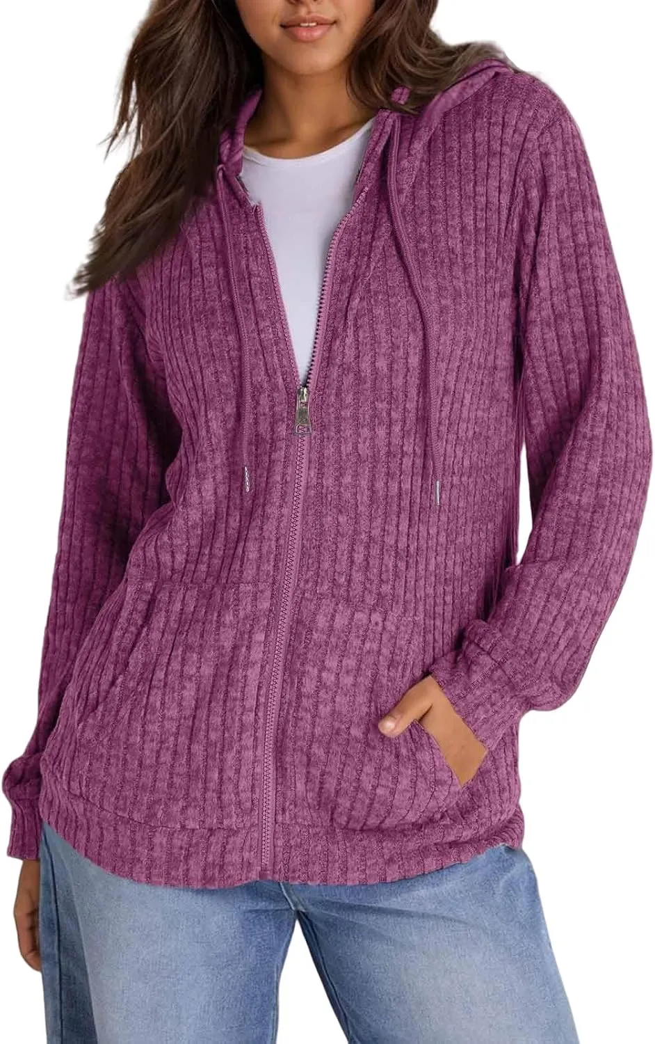 Zip Up Hoodie Women Drawstring Ribbed Knit Sweater Hoodie Long Sleeve Shirt Open Front Cardigan Fall Outfits with Pocket