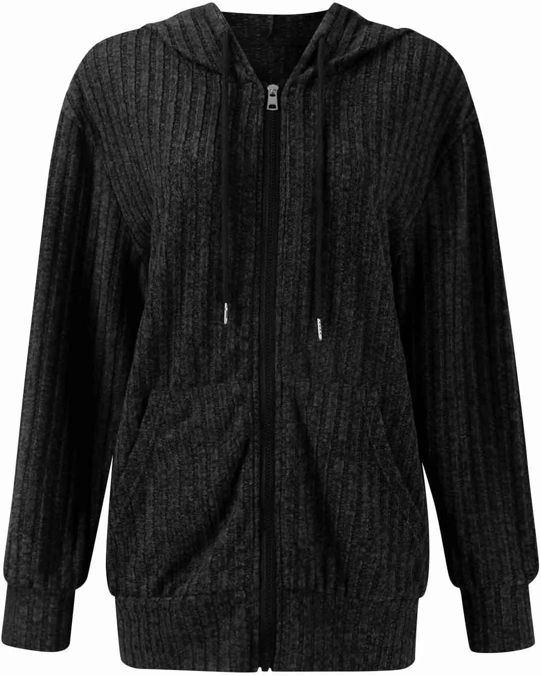 Zip Up Hoodie Women Drawstring Ribbed Knit Sweater Hoodie Long Sleeve Shirt Open Front Cardigan Fall Outfits with Pocket