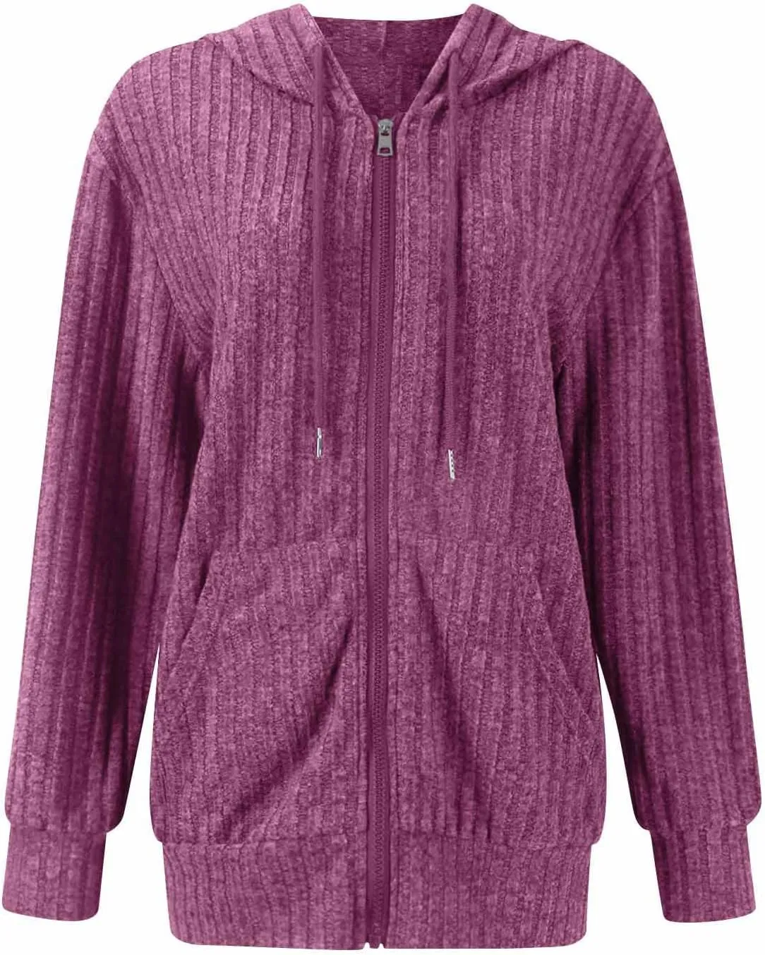 Zip Up Hoodie Women Drawstring Ribbed Knit Sweater Hoodie Long Sleeve Shirt Open Front Cardigan Fall Outfits with Pocket