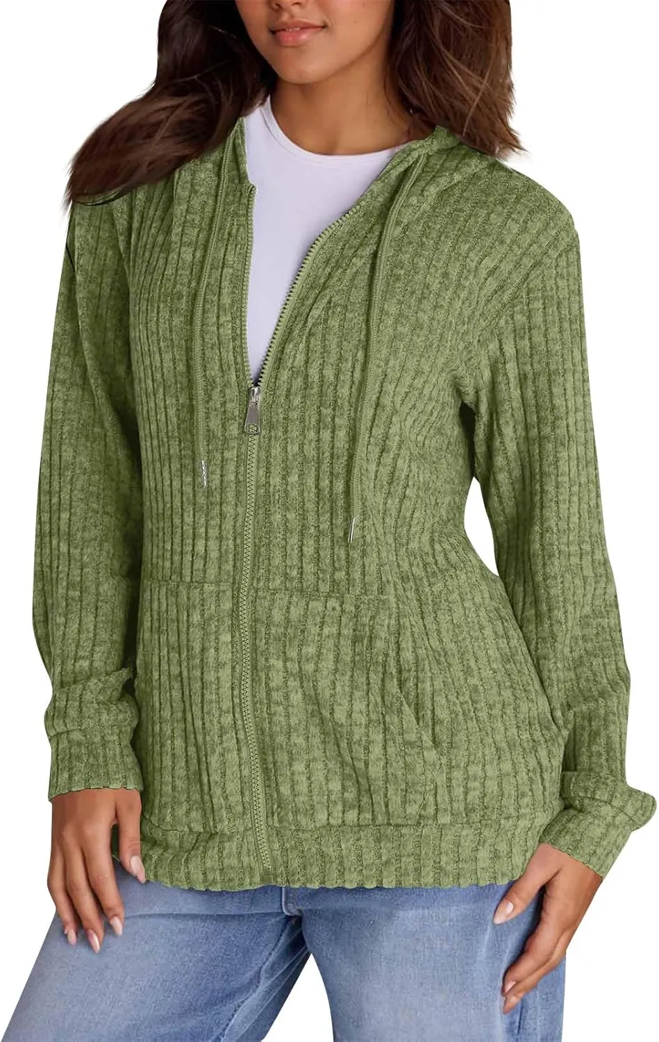 Zip Up Hoodie Women Drawstring Ribbed Knit Sweater Hoodie Long Sleeve Shirt Open Front Cardigan Fall Outfits with Pocket