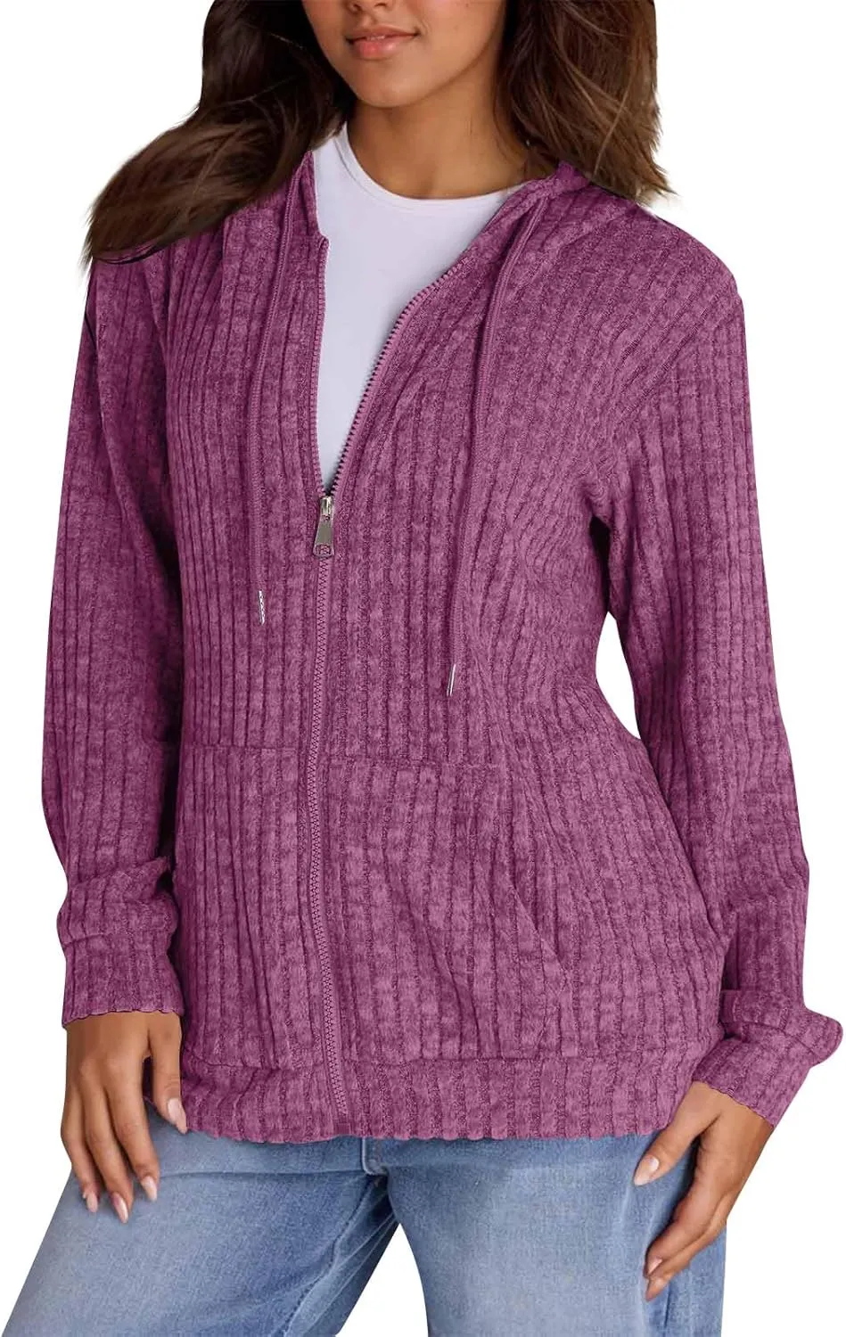 Zip Up Hoodie Women Drawstring Ribbed Knit Sweater Hoodie Long Sleeve Shirt Open Front Cardigan Fall Outfits with Pocket