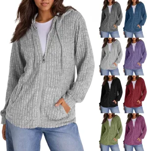 Zip Up Hoodie Women Drawstring Ribbed Knit Sweater Hoodie Long Sleeve Shirt Open Front Cardigan Fall Outfits with Pocket