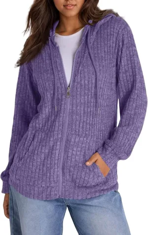 Zip Up Hoodie Women Drawstring Ribbed Knit Sweater Hoodie Long Sleeve Shirt Open Front Cardigan Fall Outfits with Pocket