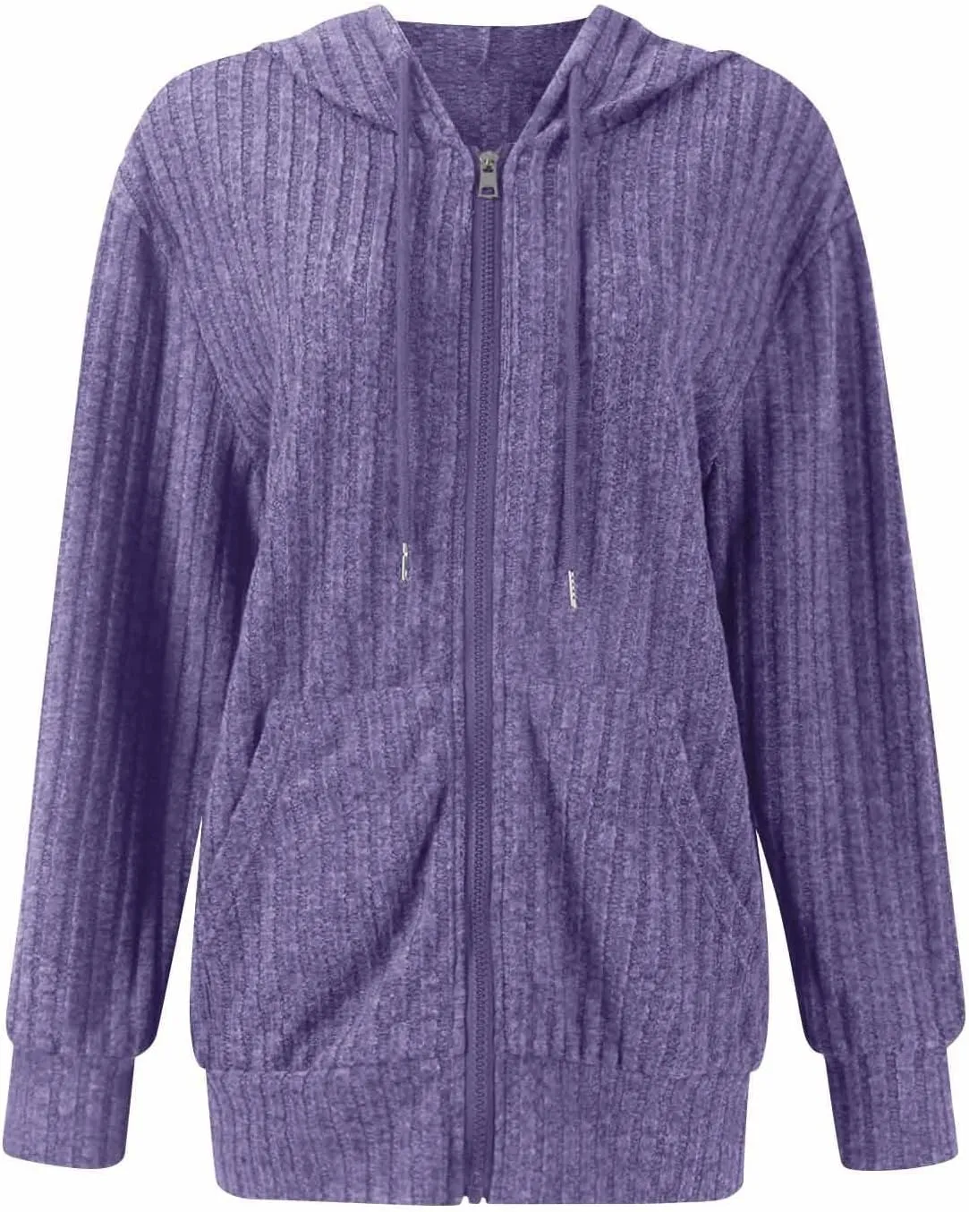 Zip Up Hoodie Women Drawstring Ribbed Knit Sweater Hoodie Long Sleeve Shirt Open Front Cardigan Fall Outfits with Pocket