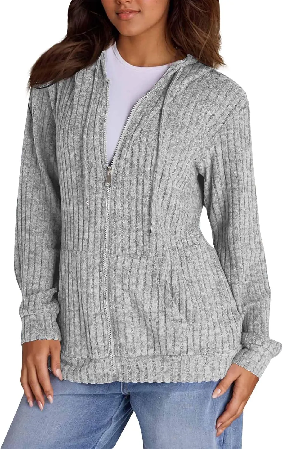 Zip Up Hoodie Women Drawstring Ribbed Knit Sweater Hoodie Long Sleeve Shirt Open Front Cardigan Fall Outfits with Pocket