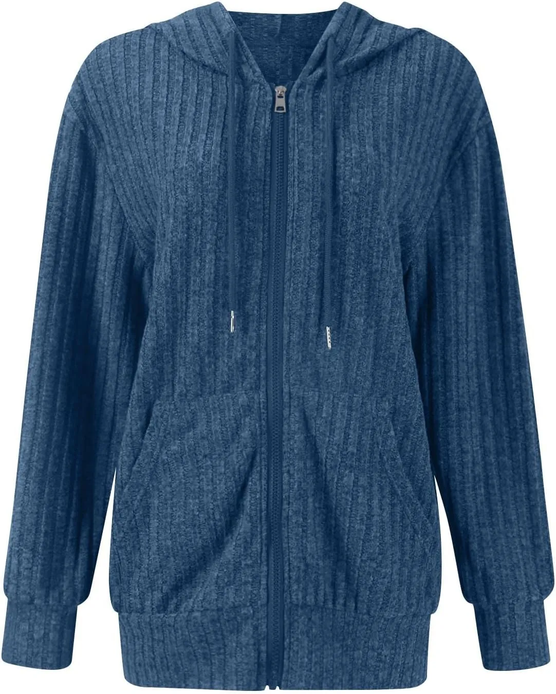 Zip Up Hoodie Women Drawstring Ribbed Knit Sweater Hoodie Long Sleeve Shirt Open Front Cardigan Fall Outfits with Pocket