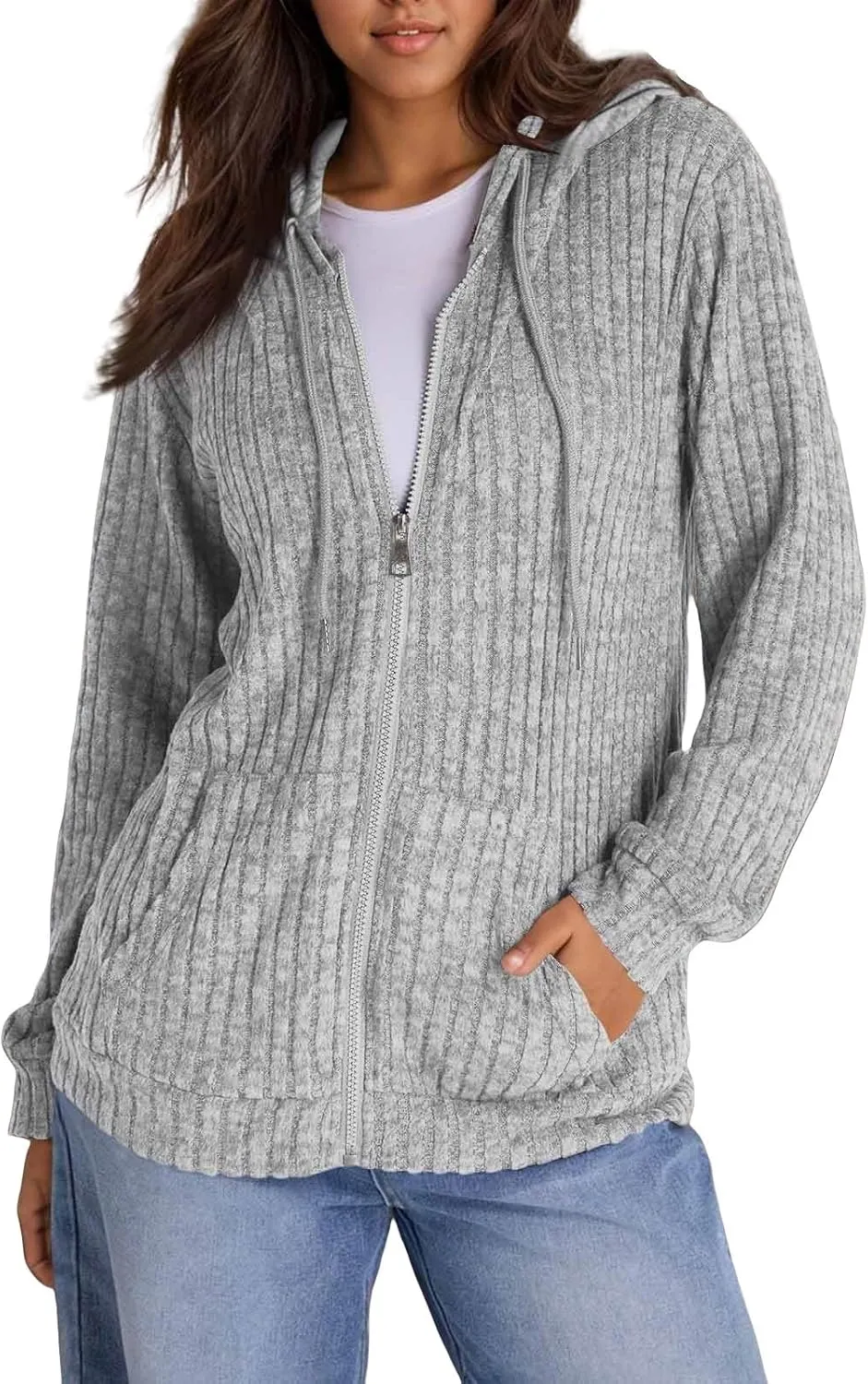 Zip Up Hoodie Women Drawstring Ribbed Knit Sweater Hoodie Long Sleeve Shirt Open Front Cardigan Fall Outfits with Pocket
