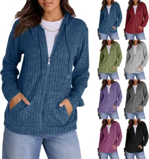 Zip Up Hoodie Women Drawstring Ribbed Knit Sweater Hoodie Long Sleeve Shirt Open Front Cardigan Fall Outfits with Pocket