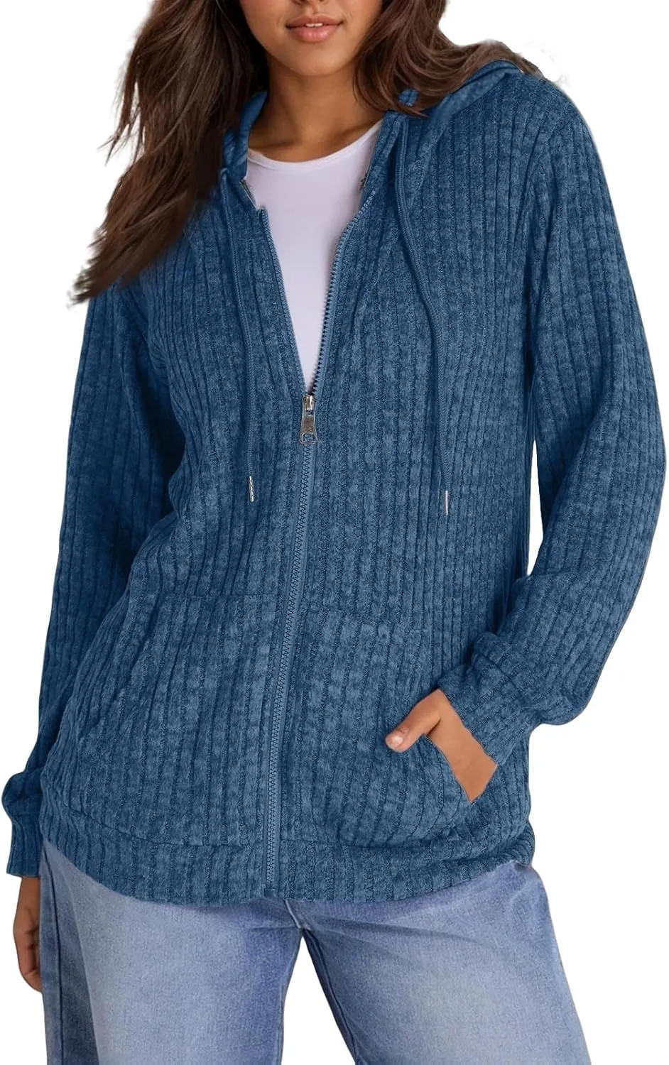 Zip Up Hoodie Women Drawstring Ribbed Knit Sweater Hoodie Long Sleeve Shirt Open Front Cardigan Fall Outfits with Pocket