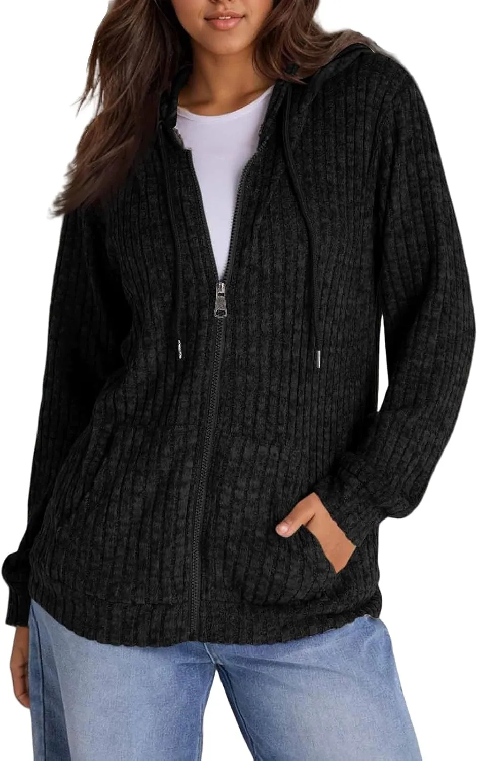 Zip Up Hoodie Women Drawstring Ribbed Knit Sweater Hoodie Long Sleeve Shirt Open Front Cardigan Fall Outfits with Pocket