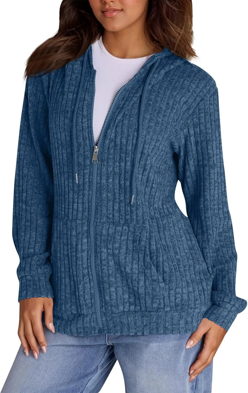 Zip Up Hoodie Women Drawstring Ribbed Knit Sweater Hoodie Long Sleeve Shirt Open Front Cardigan Fall Outfits with Pocket