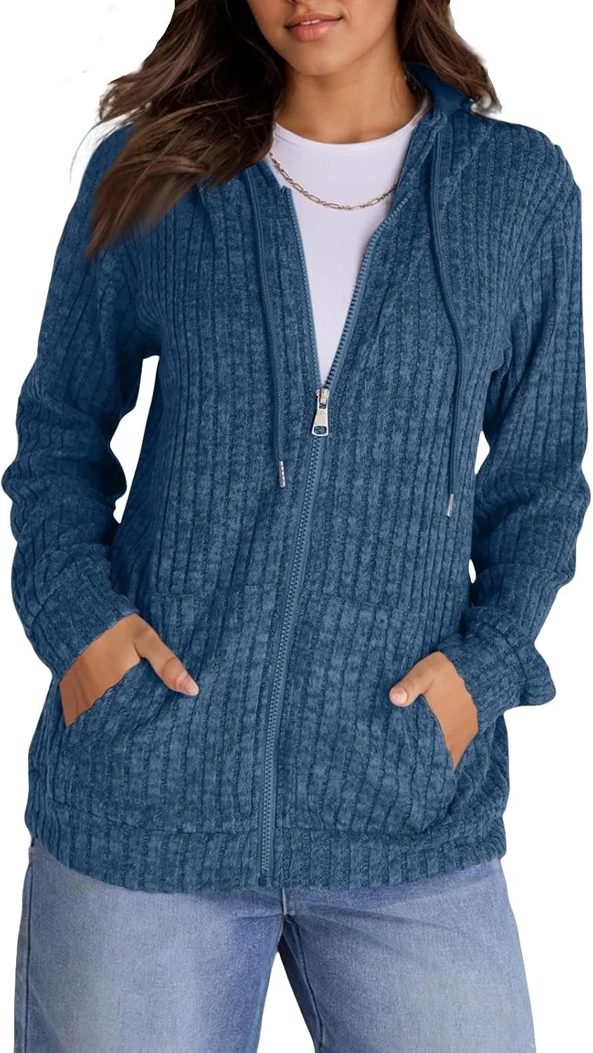 Zip Up Hoodie Women Drawstring Ribbed Knit Sweater Hoodie Long Sleeve Shirt Open Front Cardigan Fall Outfits with Pocket