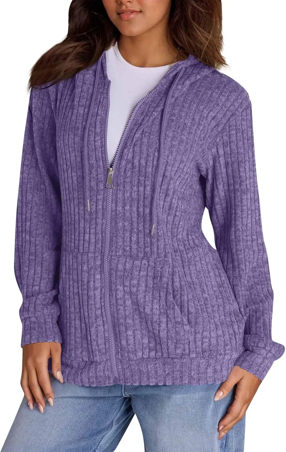 Zip Up Hoodie Women Drawstring Ribbed Knit Sweater Hoodie Long Sleeve Shirt Open Front Cardigan Fall Outfits with Pocket