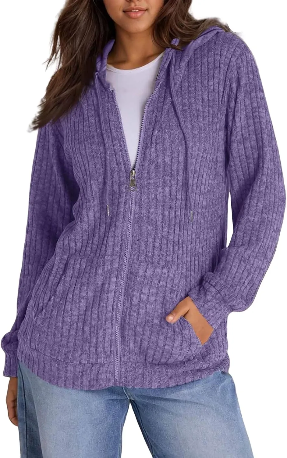 Zip Up Hoodie Women Drawstring Ribbed Knit Sweater Hoodie Long Sleeve Shirt Open Front Cardigan Fall Outfits with Pocket