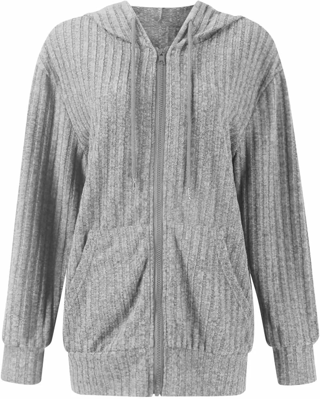 Zip Up Hoodie Women Drawstring Ribbed Knit Sweater Hoodie Long Sleeve Shirt Open Front Cardigan Fall Outfits with Pocket