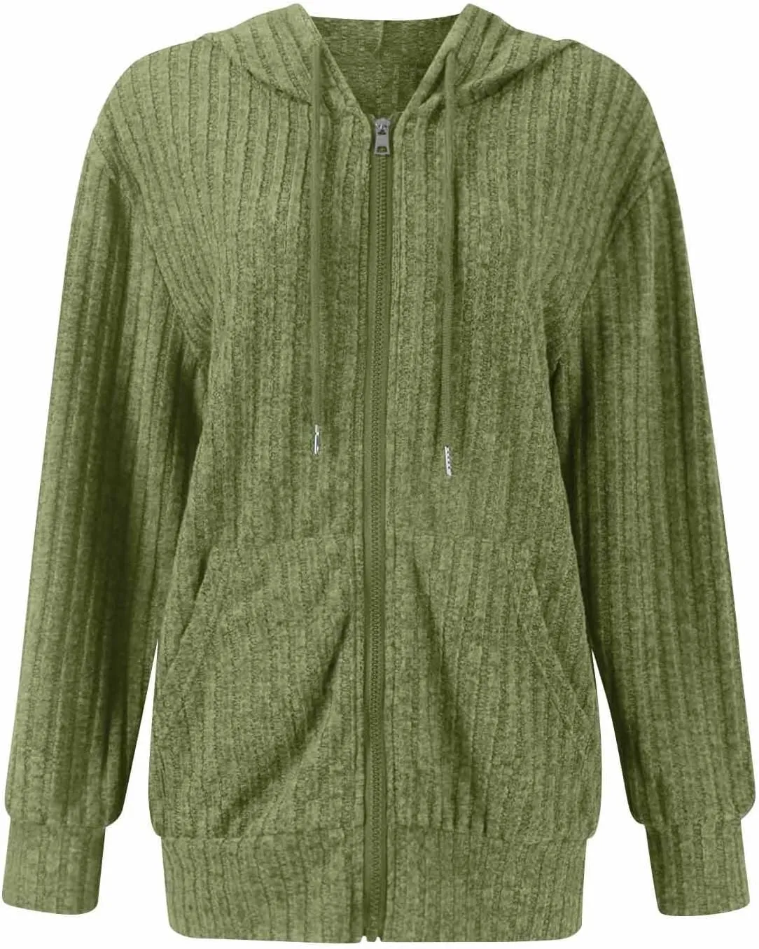 Zip Up Hoodie Women Drawstring Ribbed Knit Sweater Hoodie Long Sleeve Shirt Open Front Cardigan Fall Outfits with Pocket