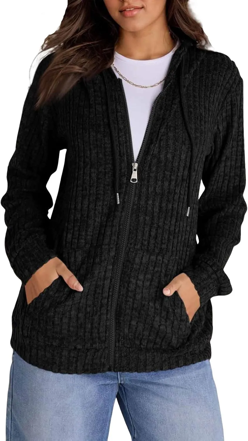 Zip Up Hoodie Women Drawstring Ribbed Knit Sweater Hoodie Long Sleeve Shirt Open Front Cardigan Fall Outfits with Pocket