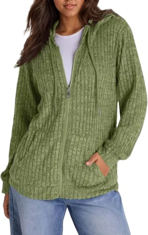 Zip Up Hoodie Women Drawstring Ribbed Knit Sweater Hoodie Long Sleeve Shirt Open Front Cardigan Fall Outfits with Pocket