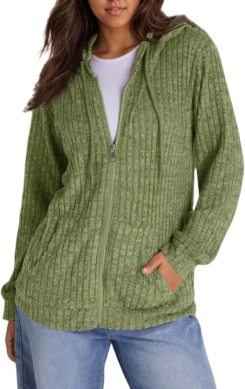 Zip Up Hoodie Women Drawstring Ribbed Knit Sweater Hoodie Long Sleeve Shirt Open Front Cardigan Fall Outfits with Pocket