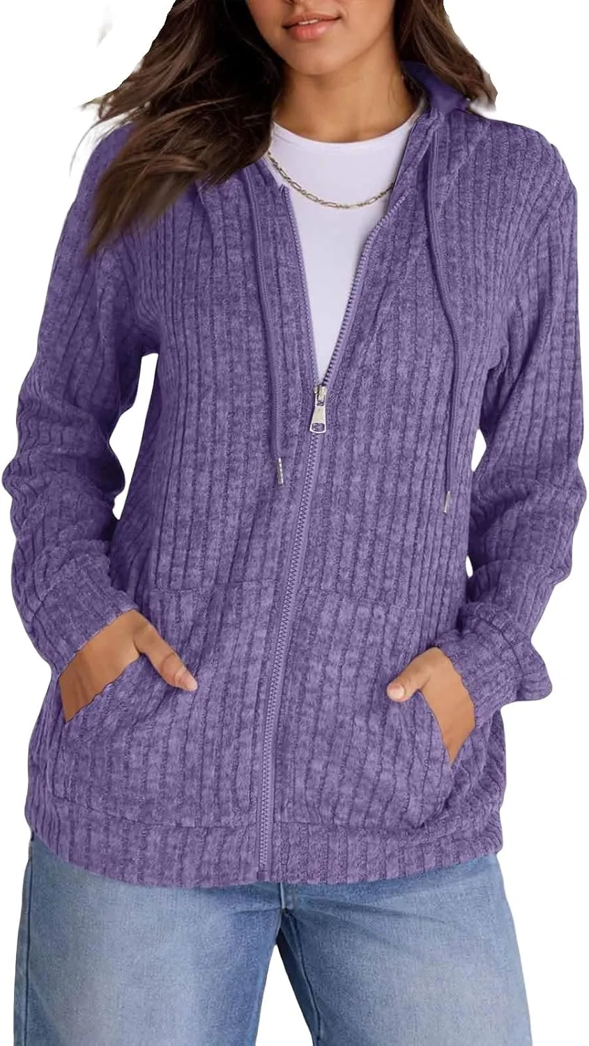 Zip Up Hoodie Women Drawstring Ribbed Knit Sweater Hoodie Long Sleeve Shirt Open Front Cardigan Fall Outfits with Pocket