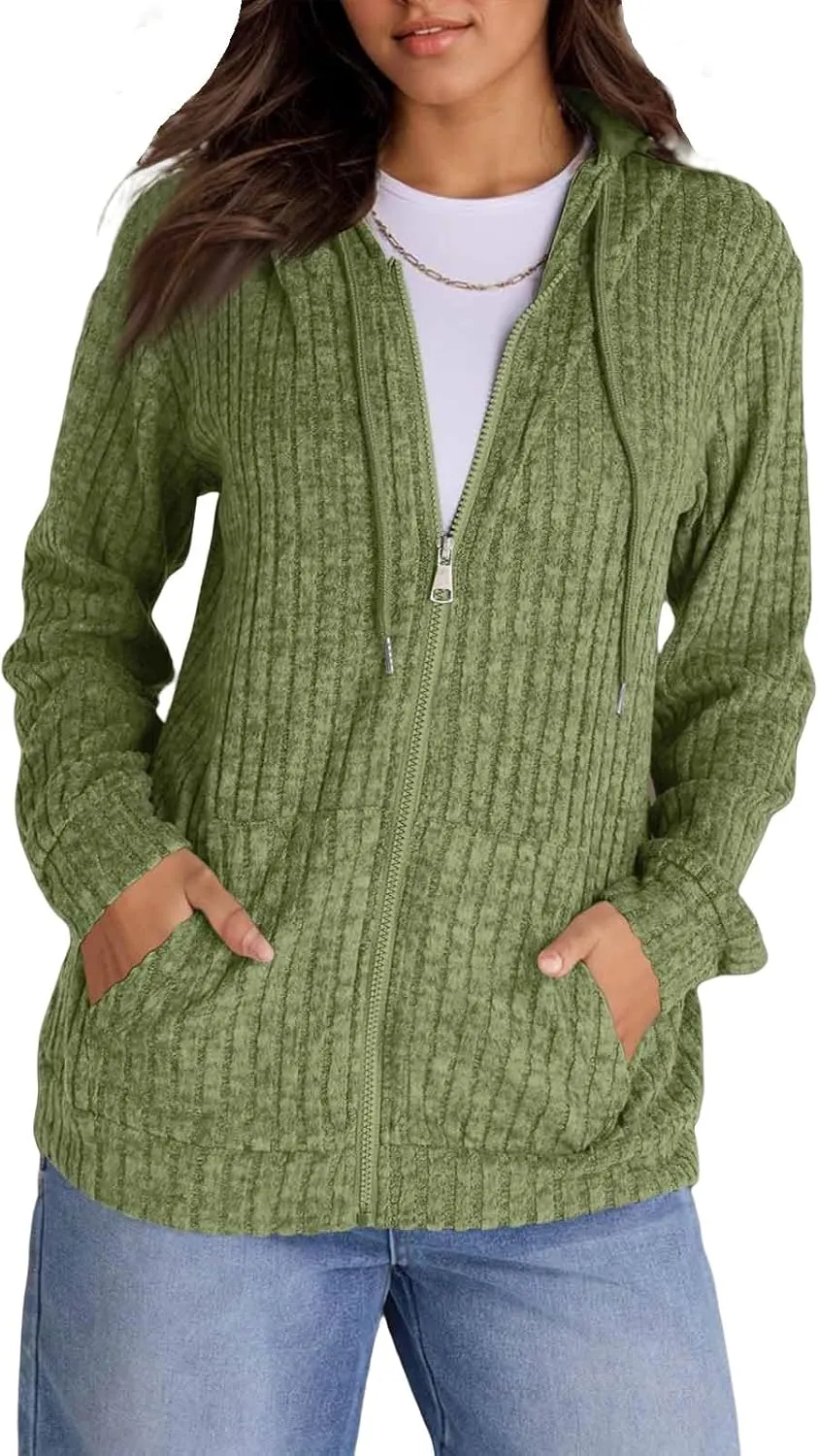 Zip Up Hoodie Women Drawstring Ribbed Knit Sweater Hoodie Long Sleeve Shirt Open Front Cardigan Fall Outfits with Pocket