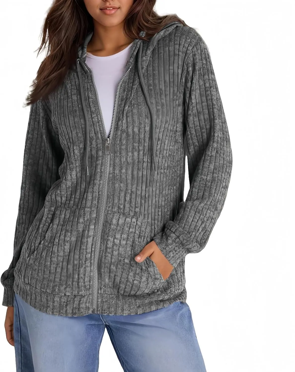 Zip Up Hoodie Women Lightweight Ribbed Knit Sweater Hoodie Cozy Long Sleeve Sweater Tops Fall Sweater with Pocket