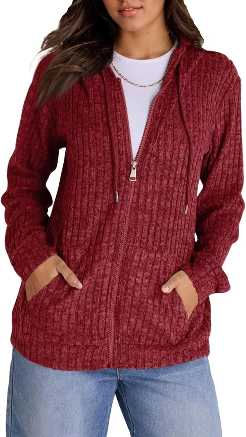 Zip Up Hoodie Women Lightweight Ribbed Knit Sweater Hoodie Cozy Long Sleeve Sweater Tops Fall Sweater with Pocket