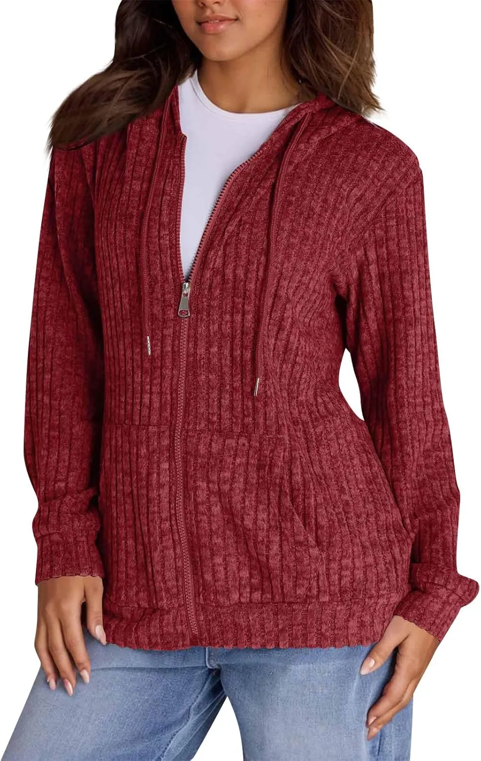 Zip Up Hoodie Women Lightweight Ribbed Knit Sweater Hoodie Cozy Long Sleeve Sweater Tops Fall Sweater with Pocket