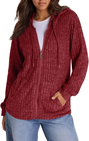 Zip Up Hoodie Women Lightweight Ribbed Knit Sweater Hoodie Cozy Long Sleeve Sweater Tops Fall Sweater with Pocket