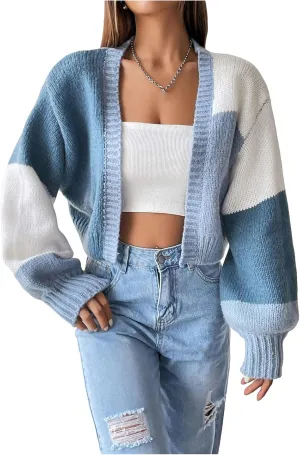 ZWRXW Women's Color Block Cropped Cardigan Open Front Lantern Long Sleeve Sweater Fall Fashion Retro Cardigans Sweaters